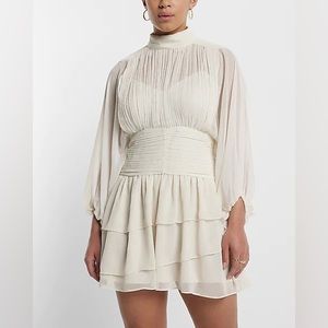 NWT ✨HOST PICK ✨ Express Mock Neck Long Sleeve Pleated Tiered Ruffle Mini Dress